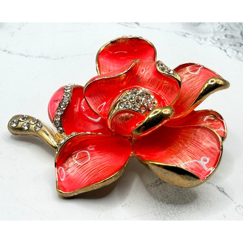 Coral Enamel Flower Brooch Pin: Rhinestone Gold-Tone Accessory